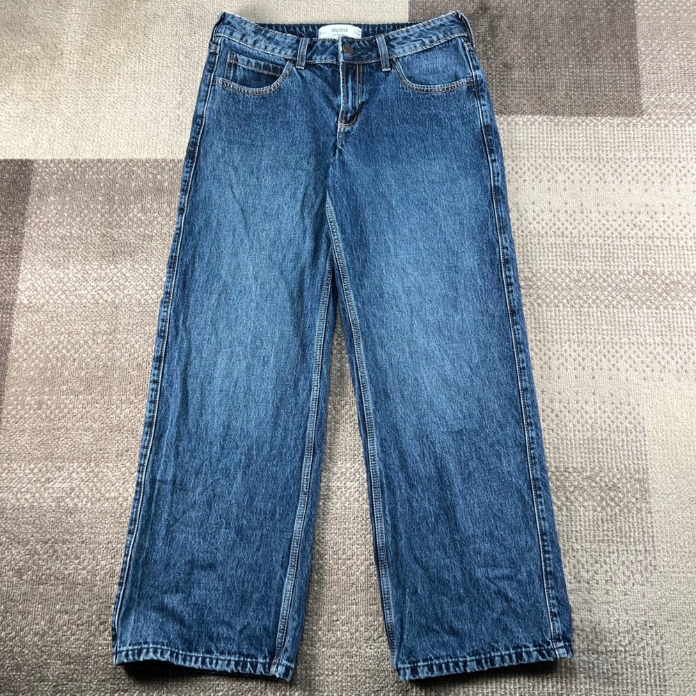 Hollister Low-Rise Baggy Jeans W28 6R Dark Wash Blue Denim Wide Leg Skater Y2K